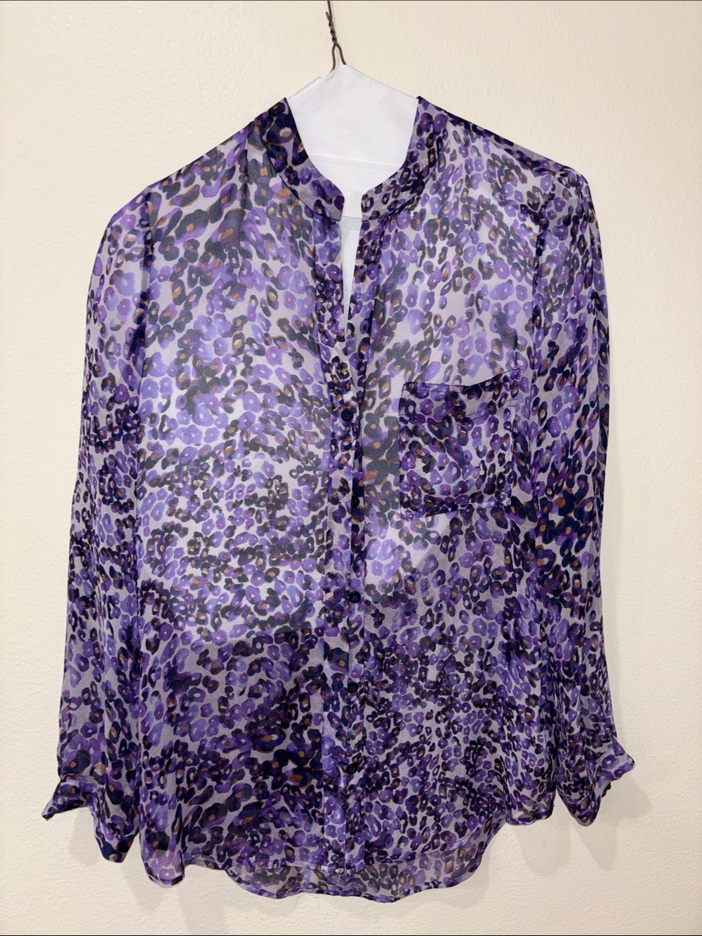 DvF Sheer Purple Leopard Print Button-Front Blouse